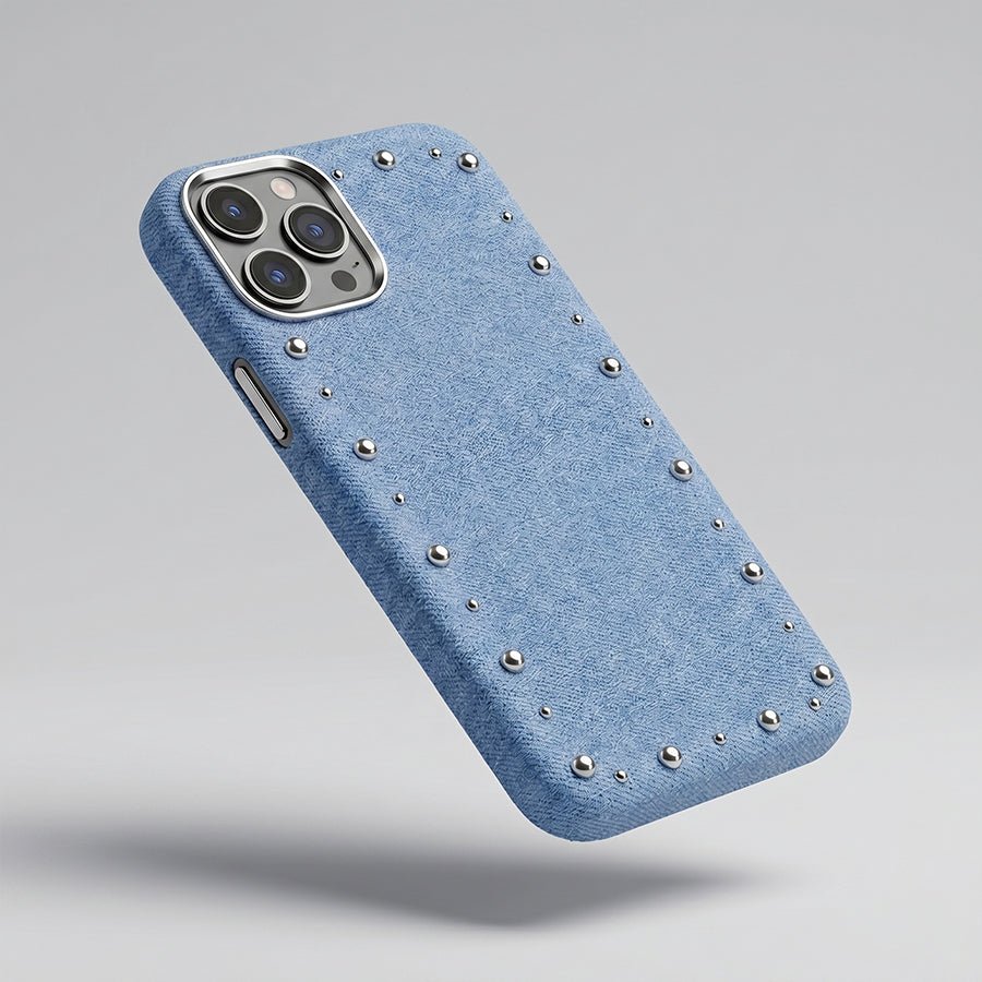 Funda Denim MagBattery para iPhone 12 — vista trasera con cierre magnético
