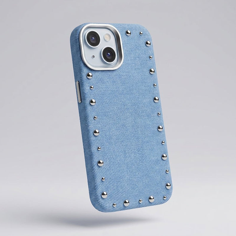 Funda Denim MagBattery para iPhone 14 — vista trasera con cierre magnético
