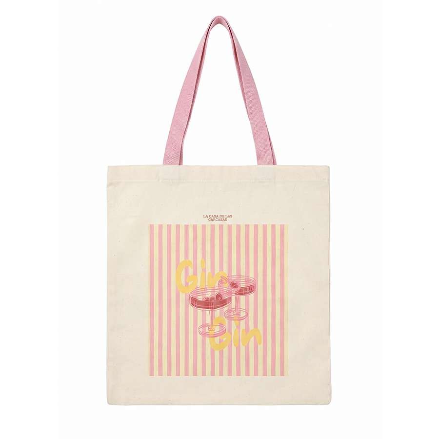 Tote bag Gin Rosé colección The Sunset Club – Vista frontal bolsa de tela diseño rosa elegante
