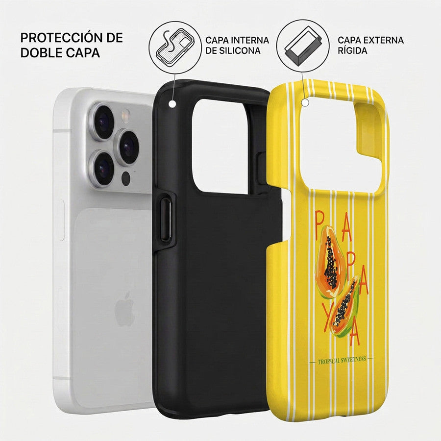 Funda Tough Papaya Beach – Detalle bordes reforzados y acabado tropical
