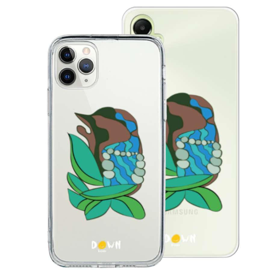 Funda oficial Down España «Perla de Luna» sobre fondo blanco — Diseño solidario exclusivo personalizable